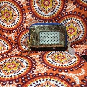 Wallet Cards,money ID pocket with keychain for Women gold black flowers.